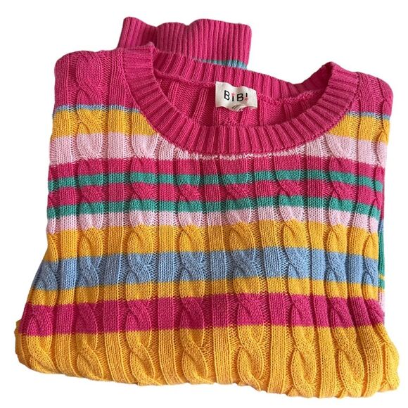 BiBi Colorful Vibrant Striped Women's Sweater. Size Large. 100% Cotton. Spring - Picture 2 of 9